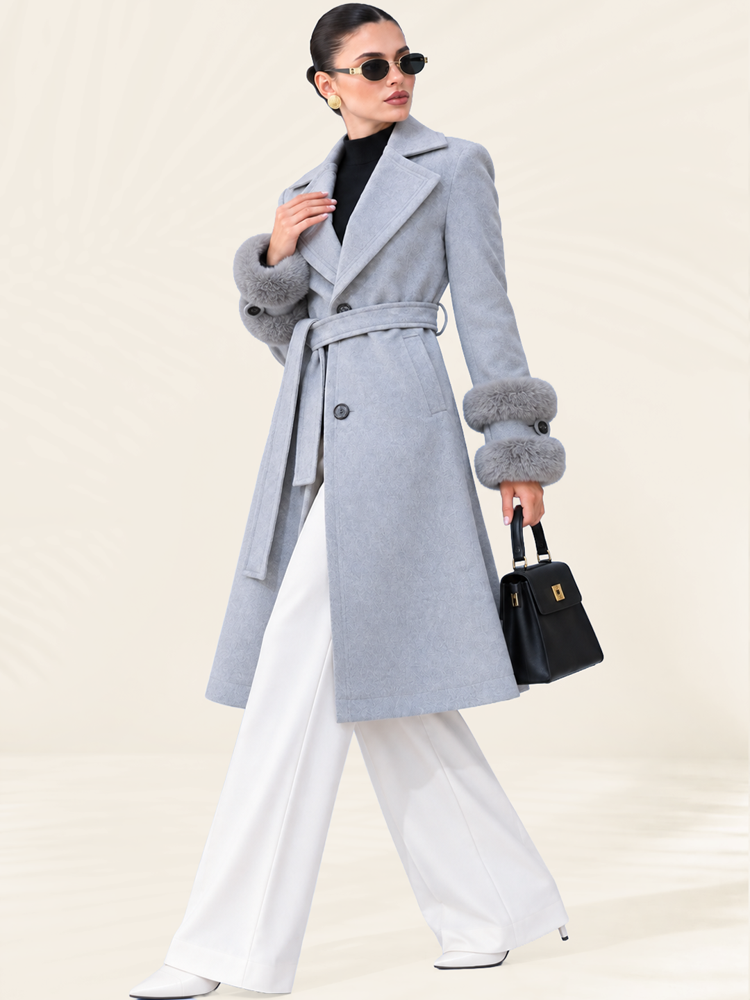 Grey Long Sleeve Fur Trench Coat