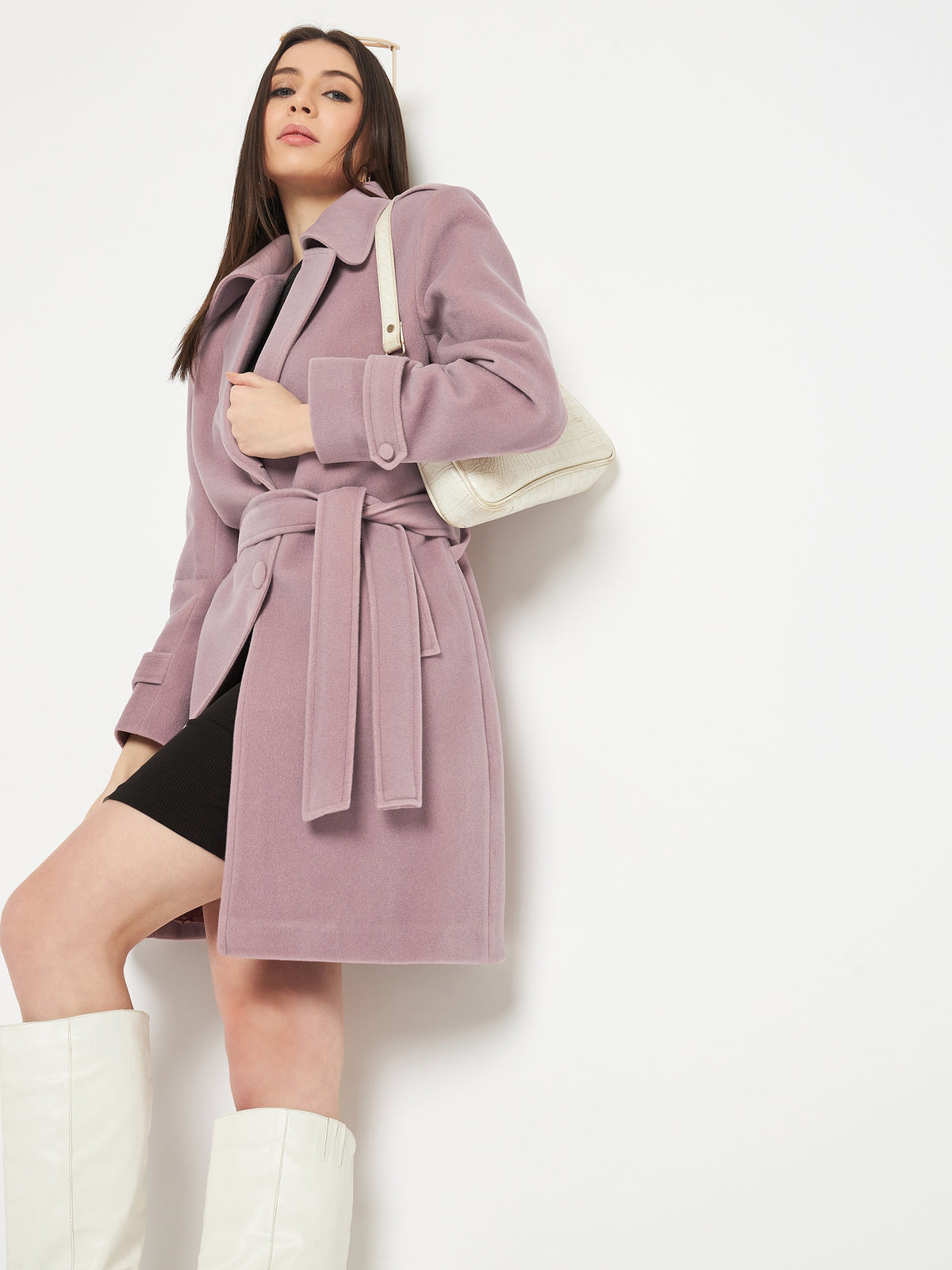 Tweed Belted Longline Winter Overcoat- FRENCH LILAC
