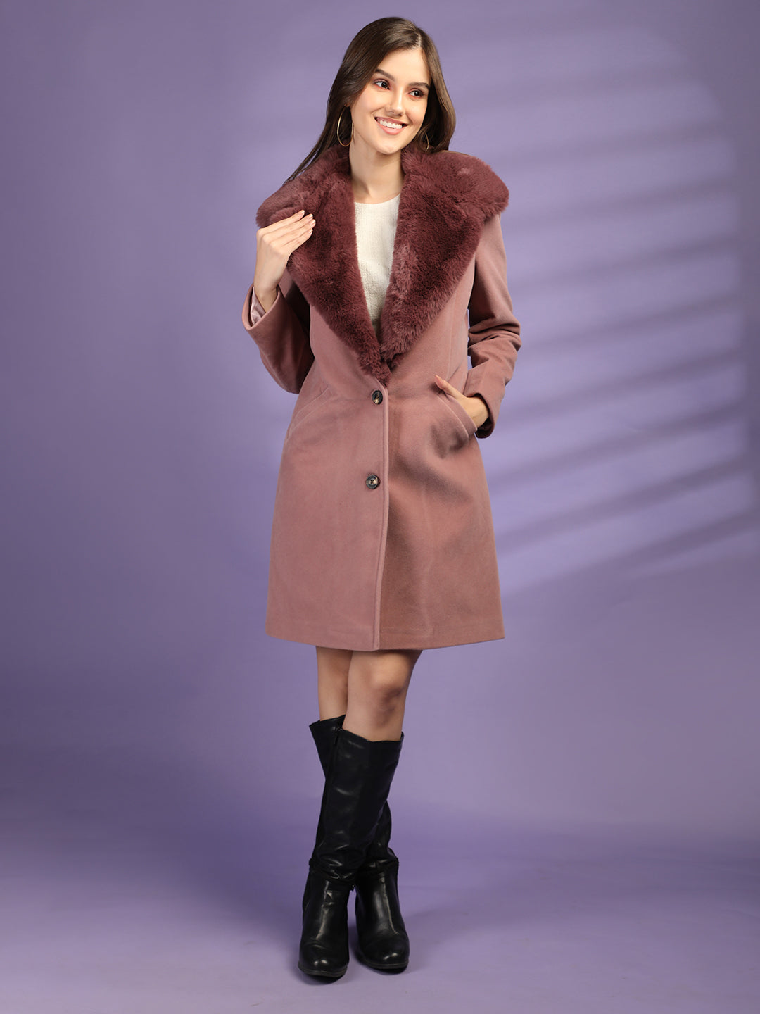 Lilac Faux Fur Collar Longline Trench Coat