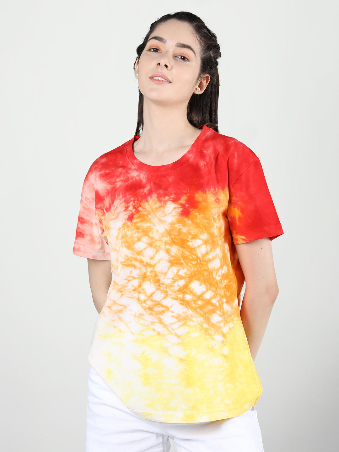 Women Cotton Half Sleeve Loose Fit Tye-Dye T-Shirt