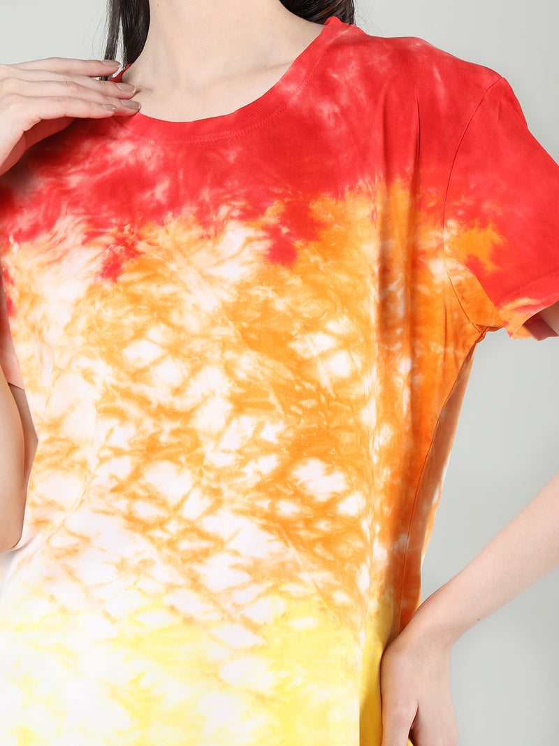 Women Cotton Half Sleeve Loose Fit Tye-Dye T-Shirt