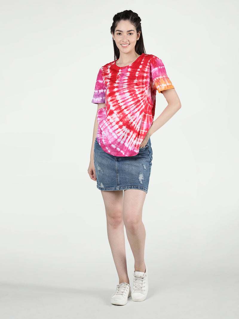 Women Cotton Half Sleeve Loose Fit Tye-Dye T-Shirt