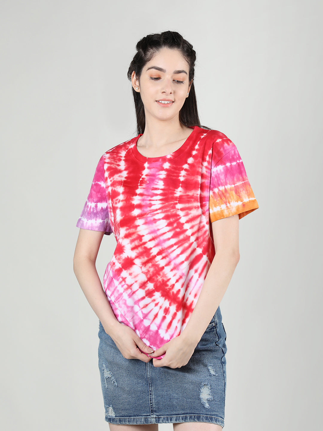 Women Cotton Half Sleeve Loose Fit Tye-Dye T-Shirt