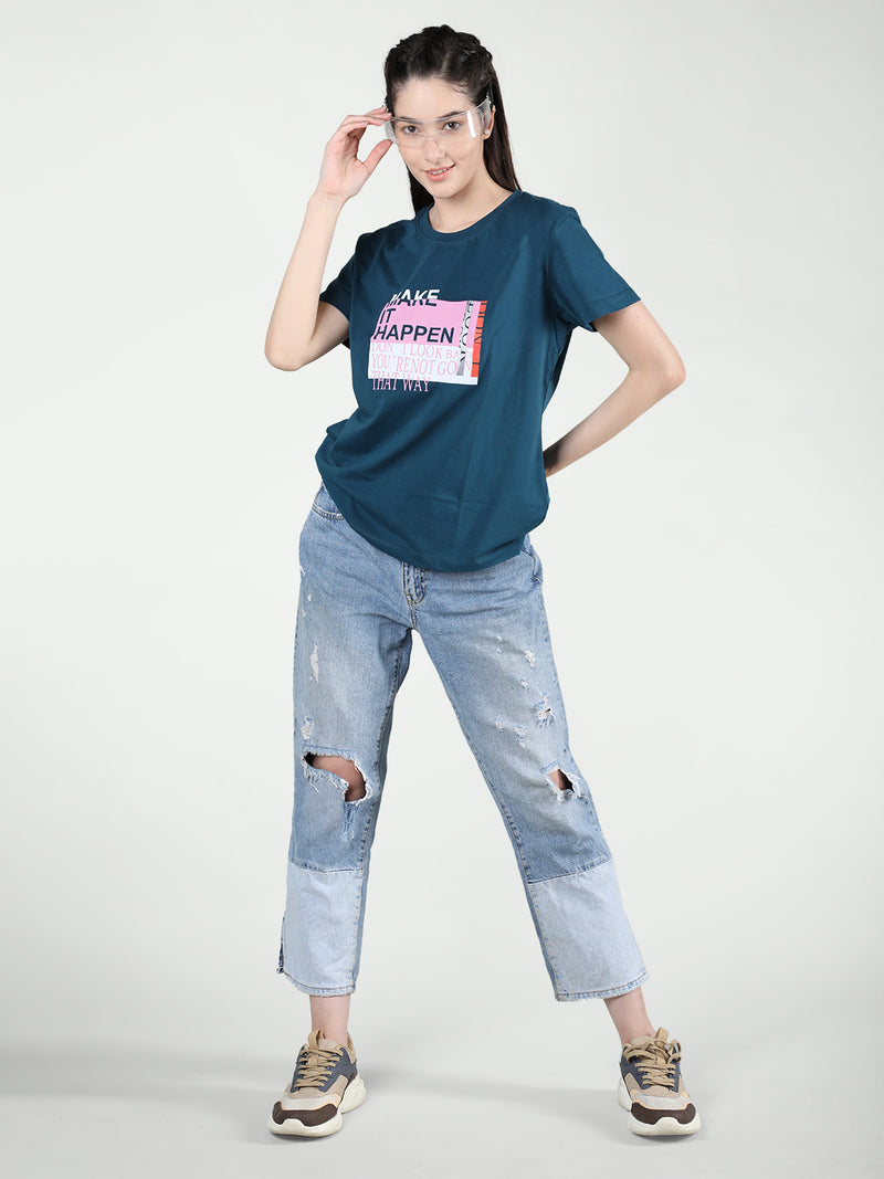 Women Cotton Half Sleeve Loose Fit Printed T-Shirt