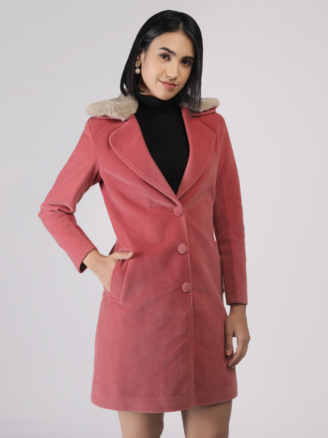 Blush Faux Fur Collar Longline Winter Coat