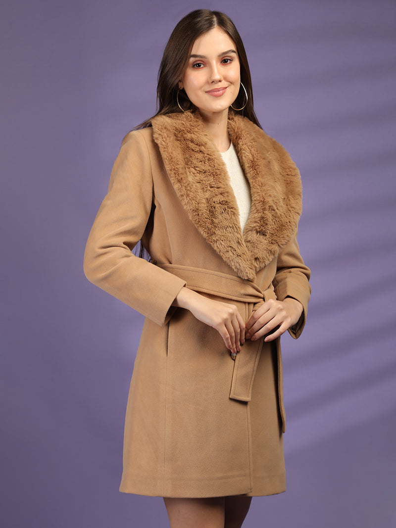 Camel Faux Fur Collar Belted Longline Overcoat