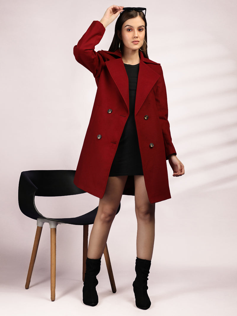 Cherry Red Longline Doublebreasted Winter Trench Coat