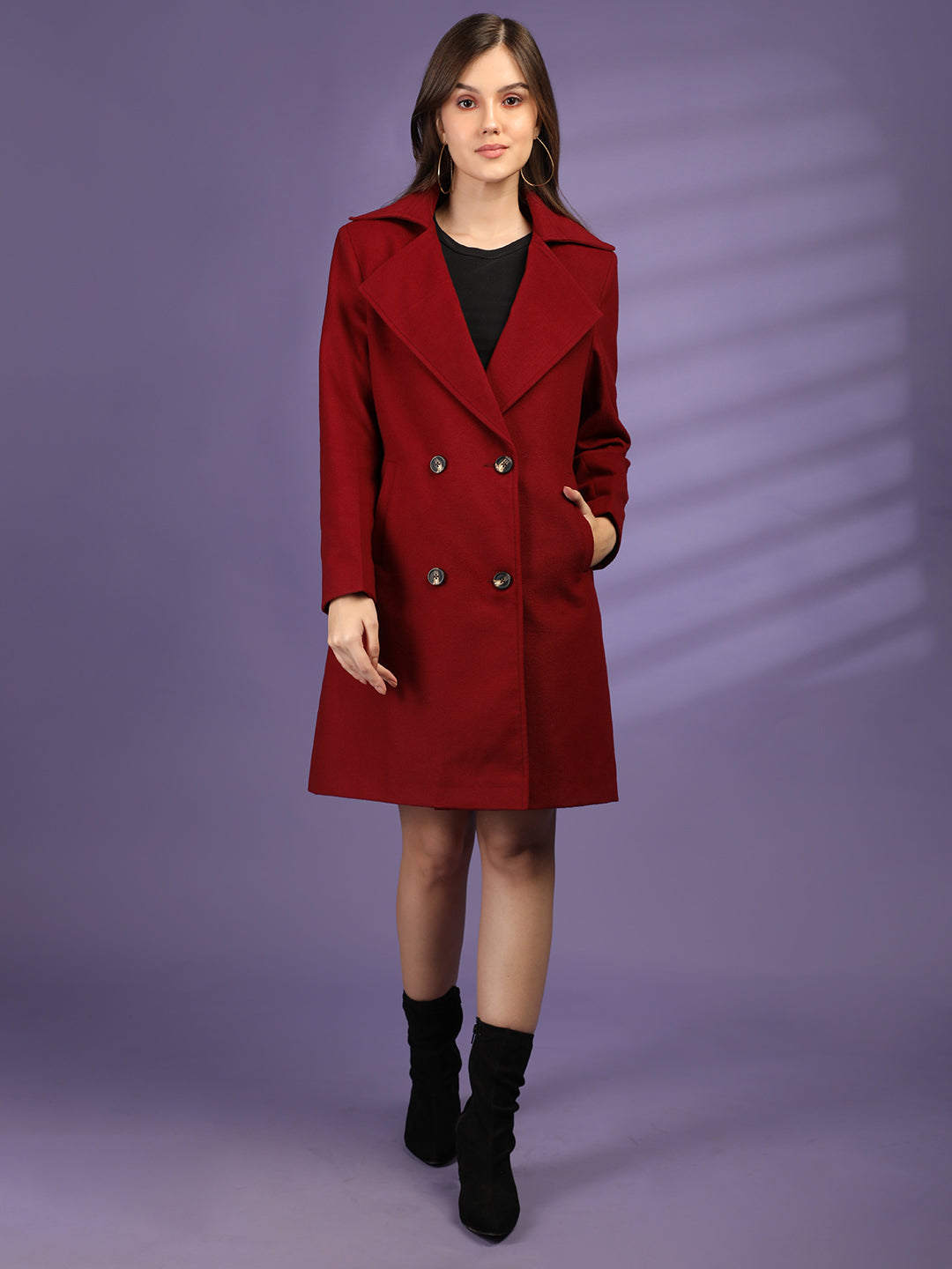 Cherry Red Longline Doublebreasted Winter Trench Coat