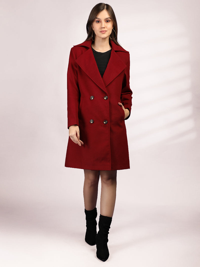 Cherry Red Longline Doublebreasted Winter Trench Coat