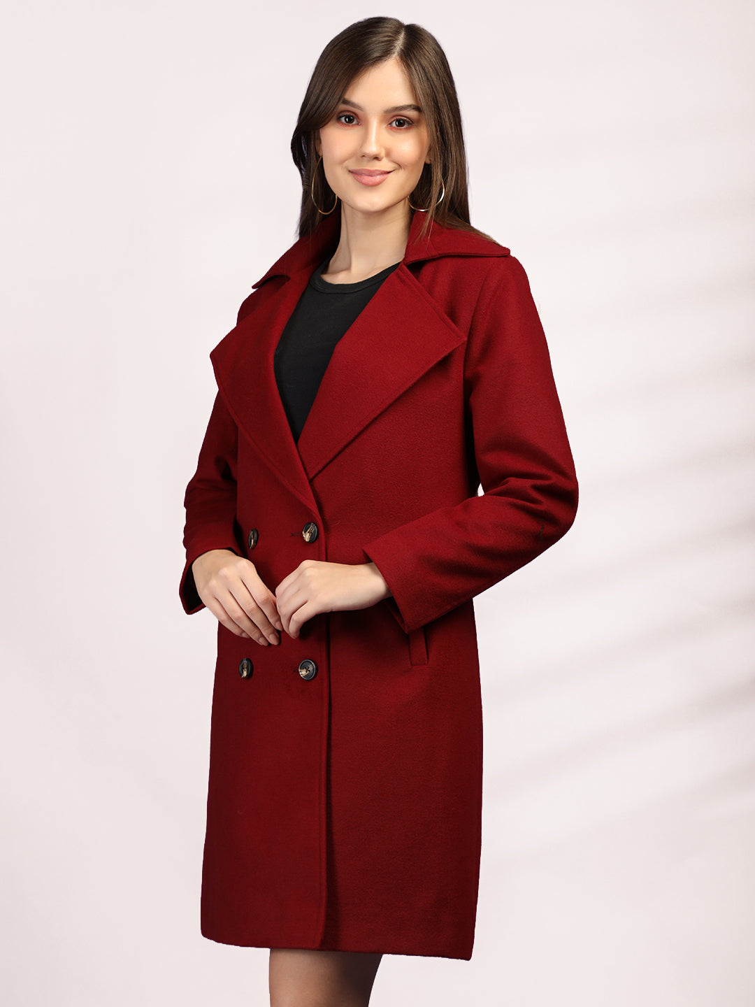 Cherry Red Longline Doublebreasted Winter Trench Coat