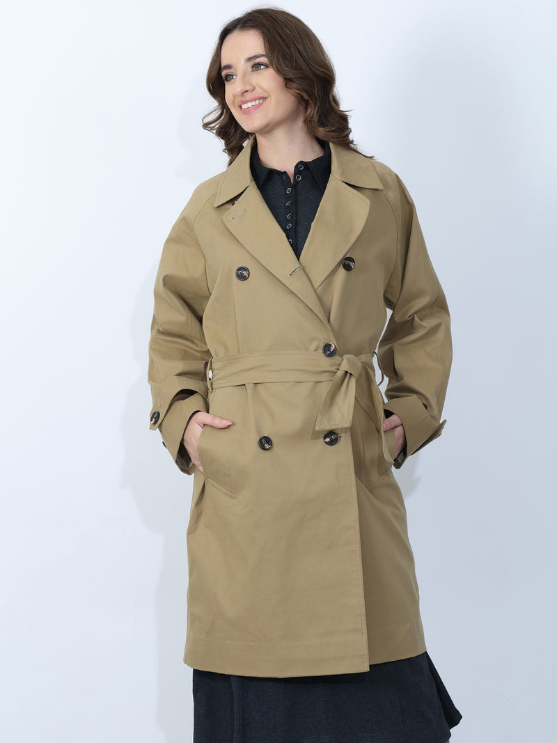 Khaki Double-Breasted Belted Trench Coat