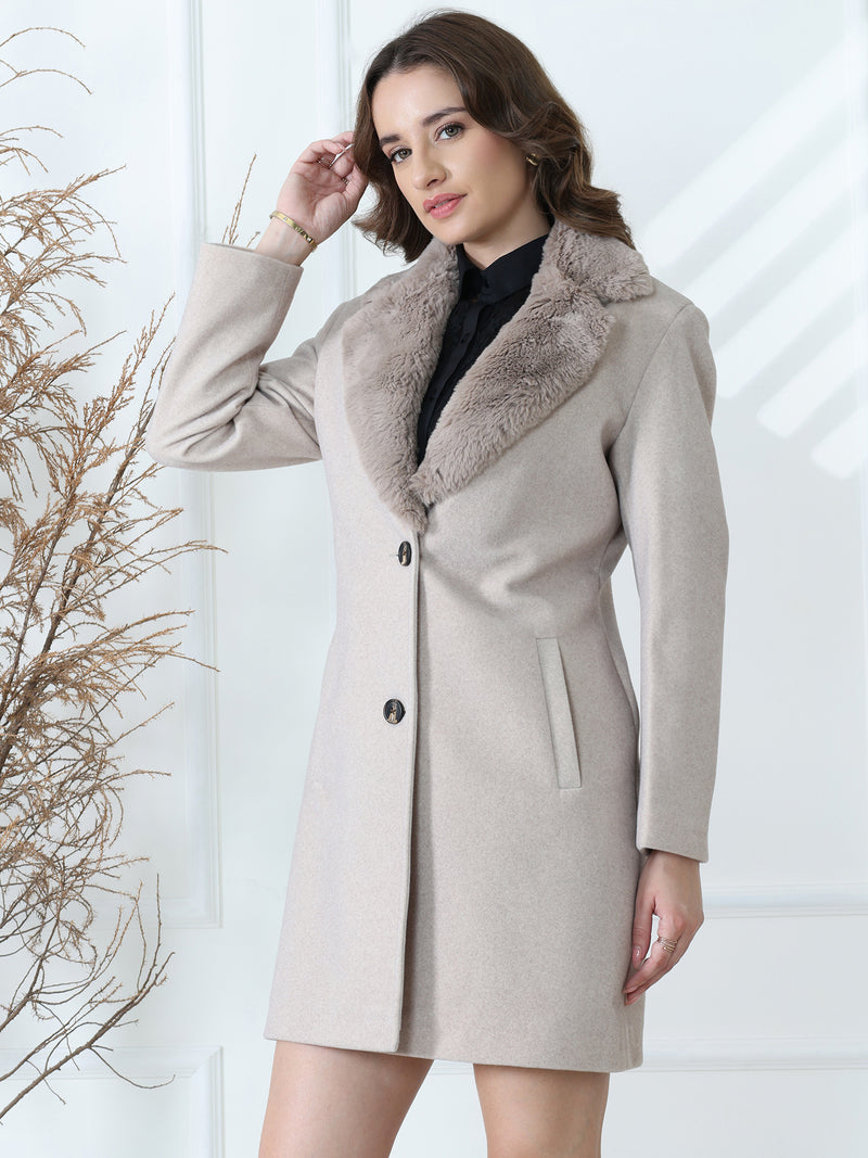 Oatmeal Faux Fur Collar Long Coat