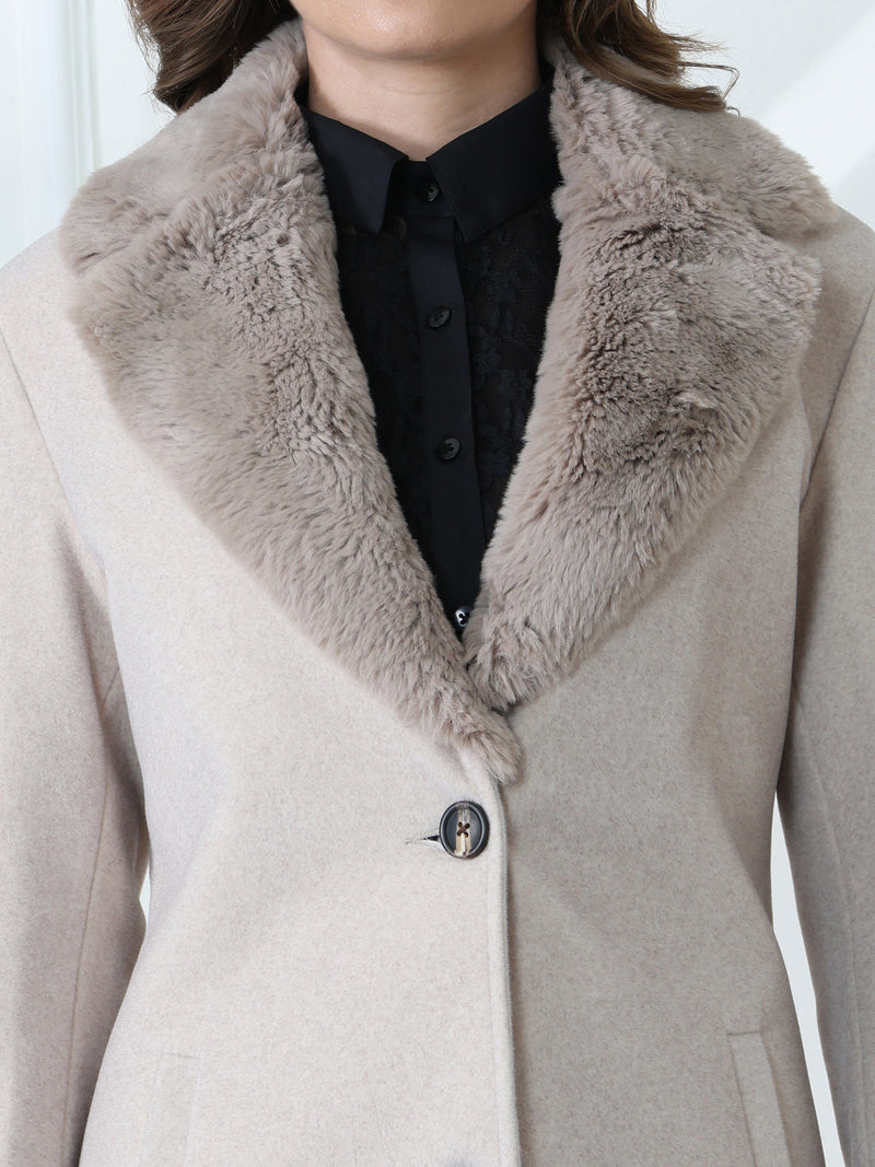 Oatmeal Faux Fur Collar Long Coat