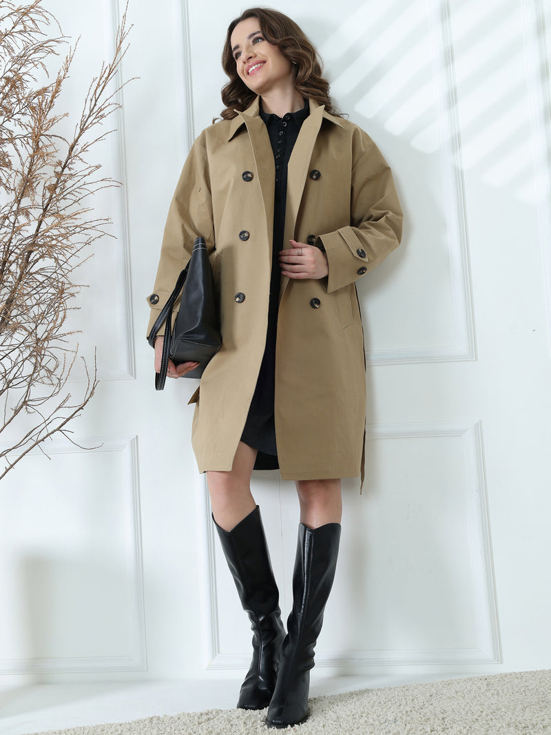 Khaki Double-Breasted Belted Trench Coat