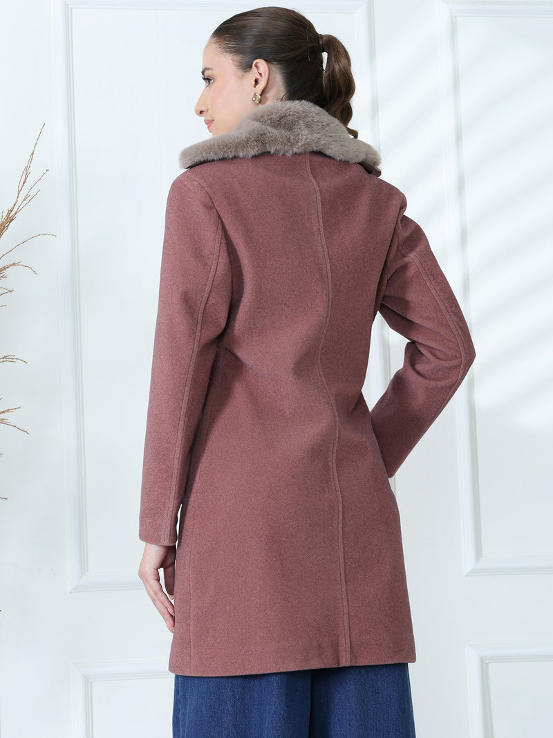 Mauve Faux Fur Collar Long Coat