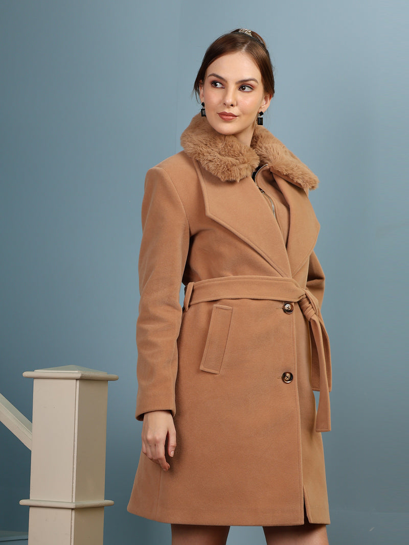 Peanut Zipper Faux Fur Collared Belted Overcoat