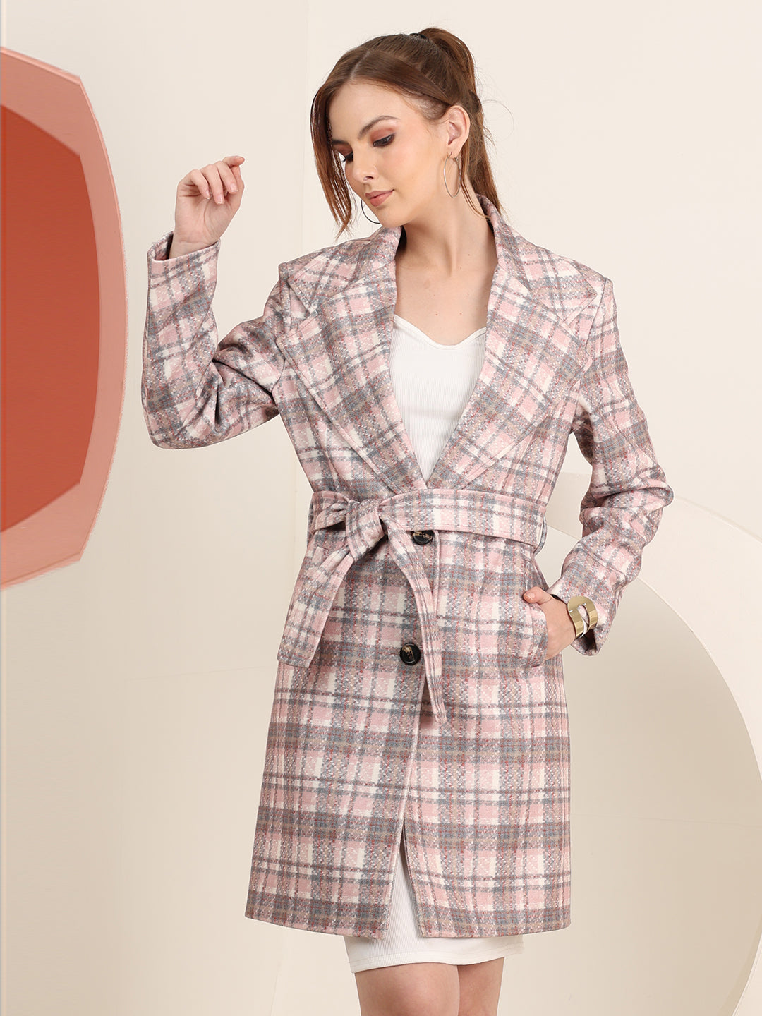 Pink Premium Belted Winter Trench Coat