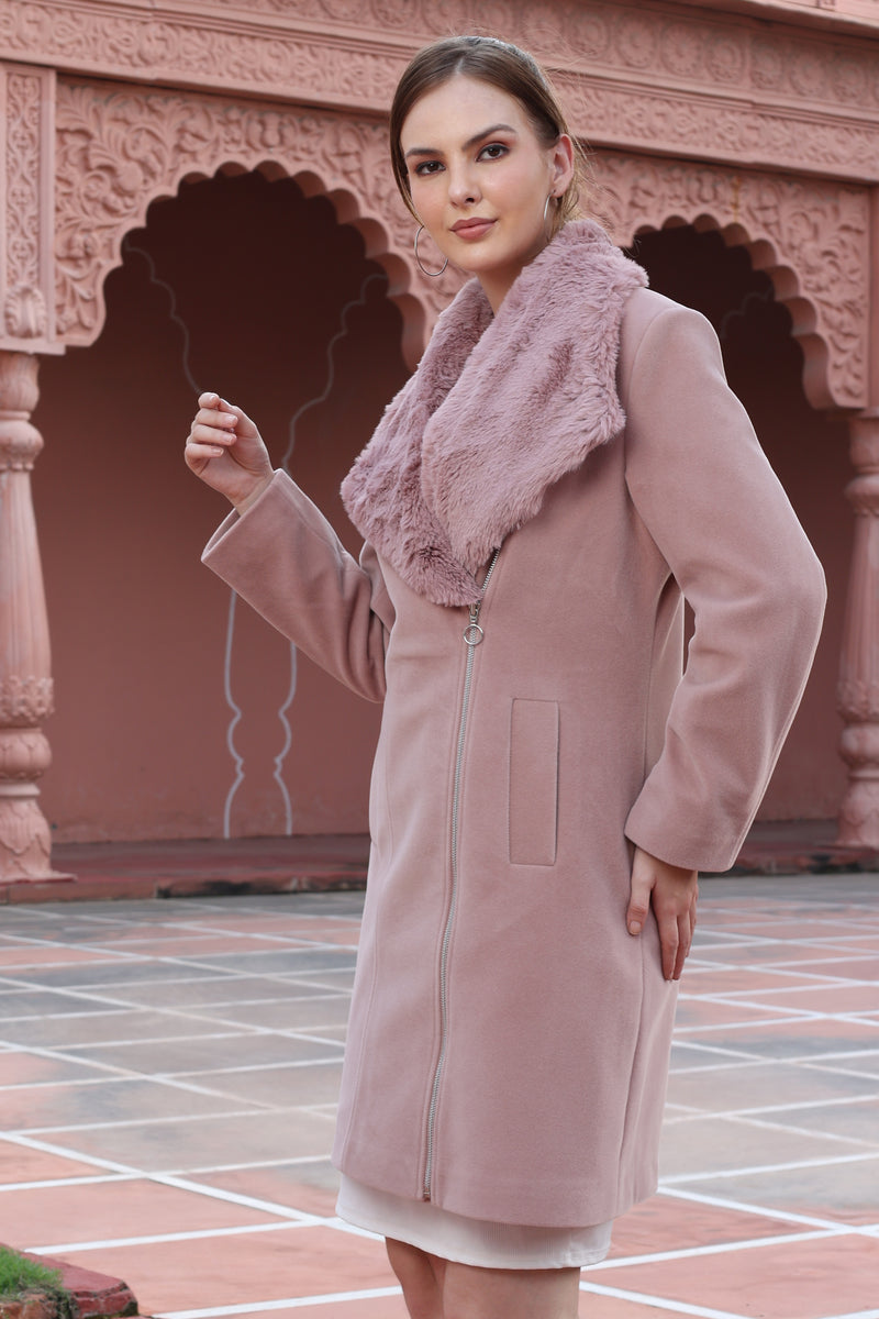 Pink Faux Fur Collared Zipper Overcoat
