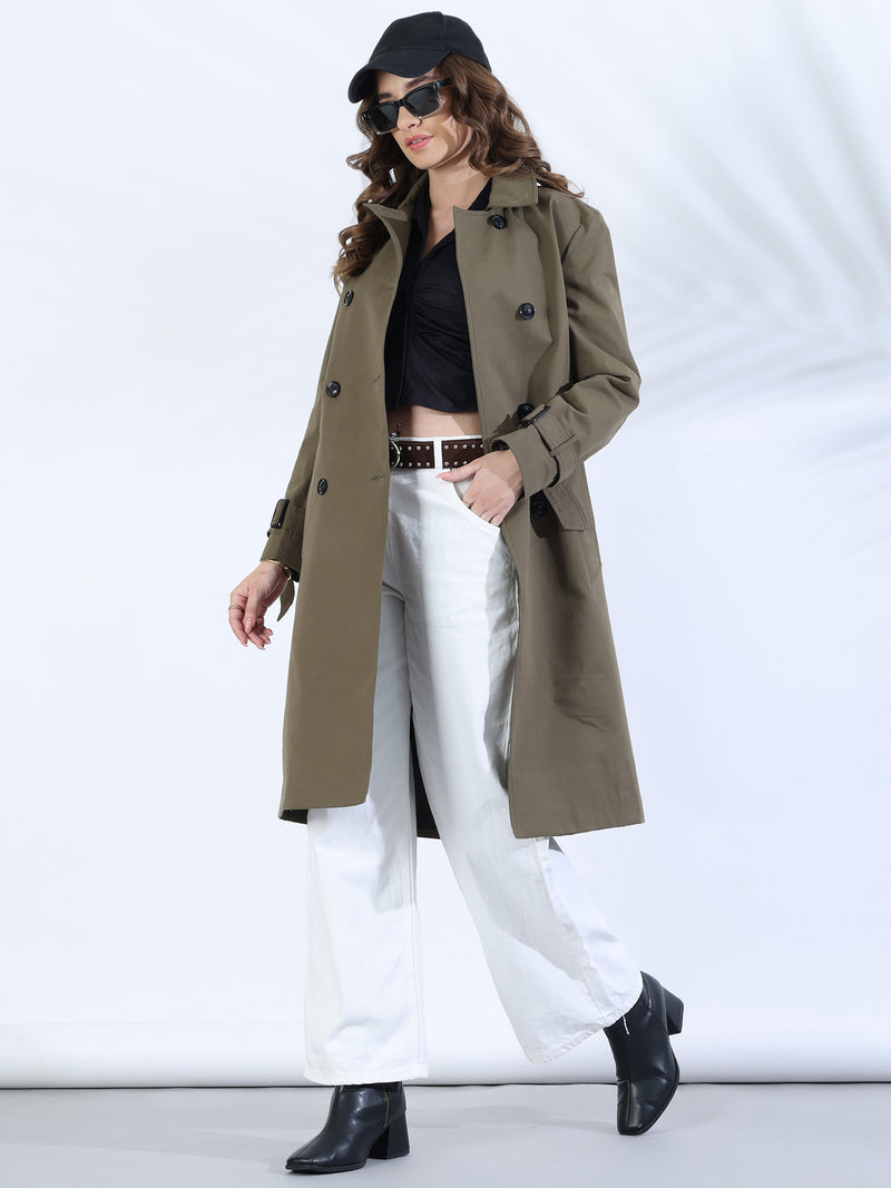 Olive Double-Breasted Belted Trench Coat