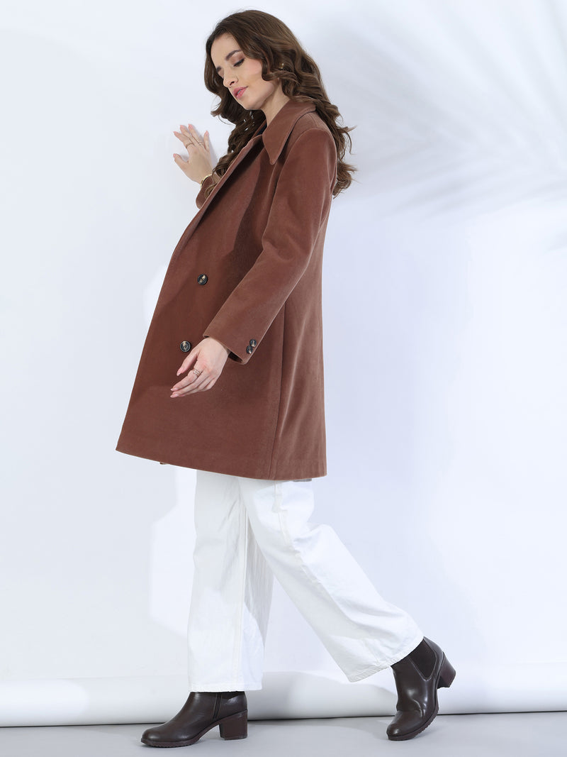Walnut Brown Double-Breasted Long Coat