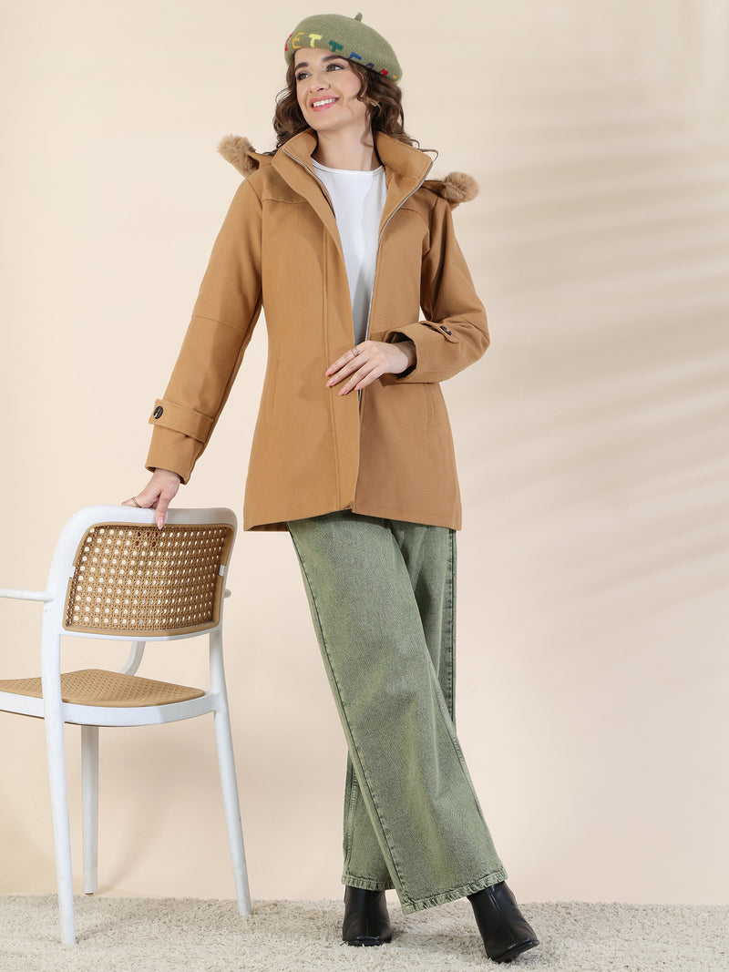 Caramel Zipper With Hood Short Coat