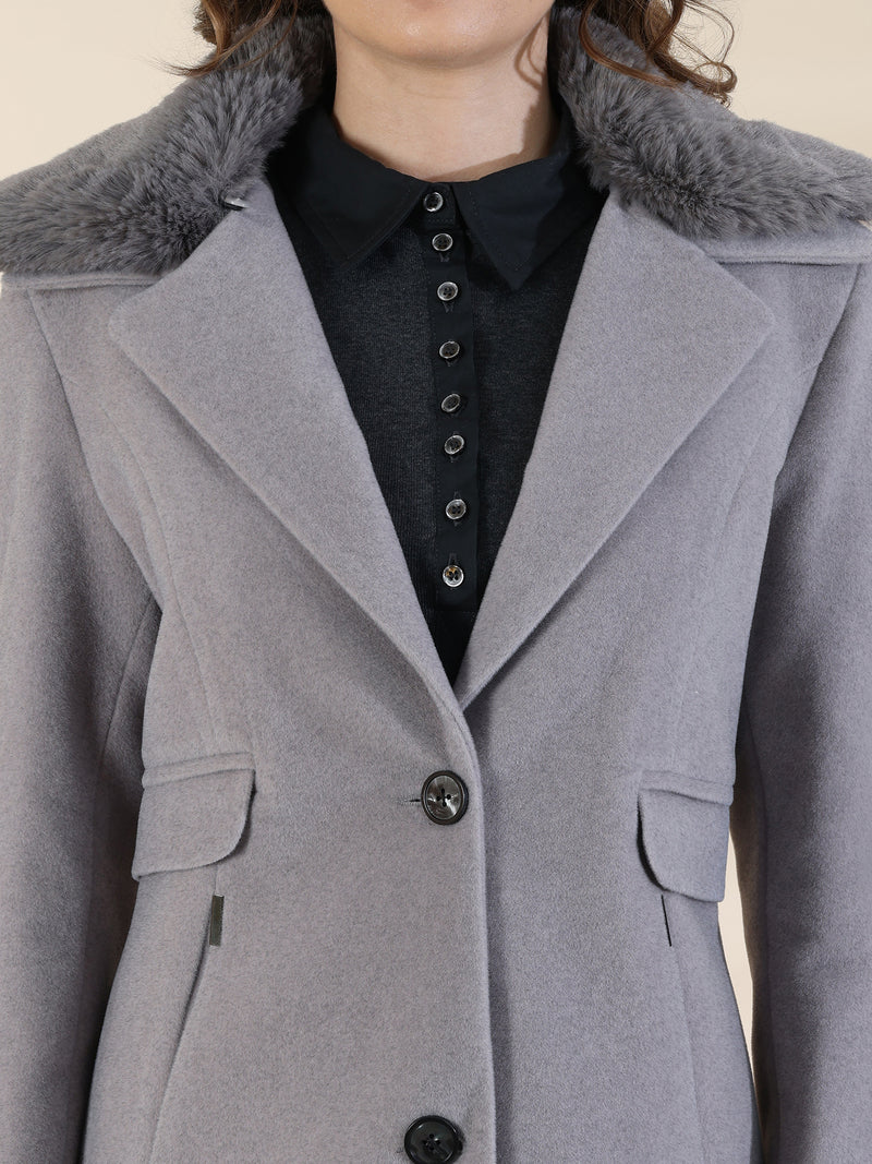 Grey Faux Fur Collar Trench Coat