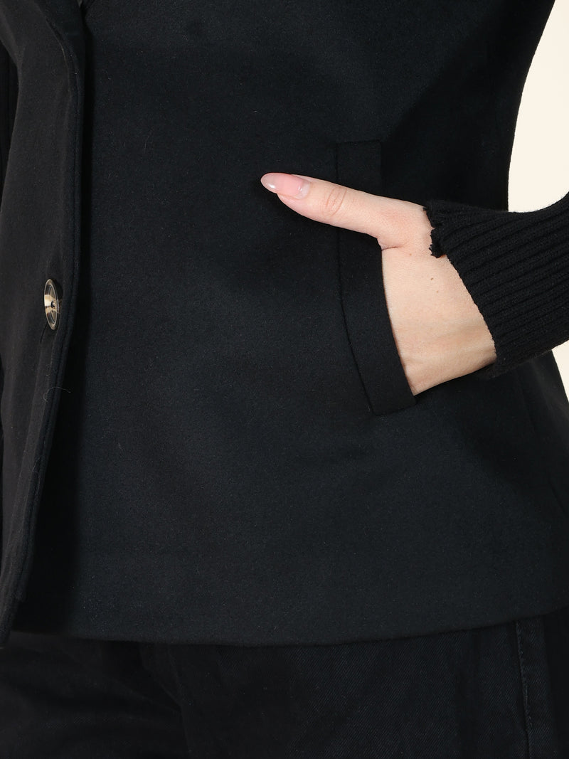 Black Short Winter Coat with Soft Knit Sleeves