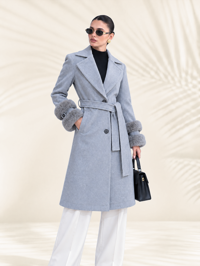 Grey Long Sleeve Fur Trench Coat
