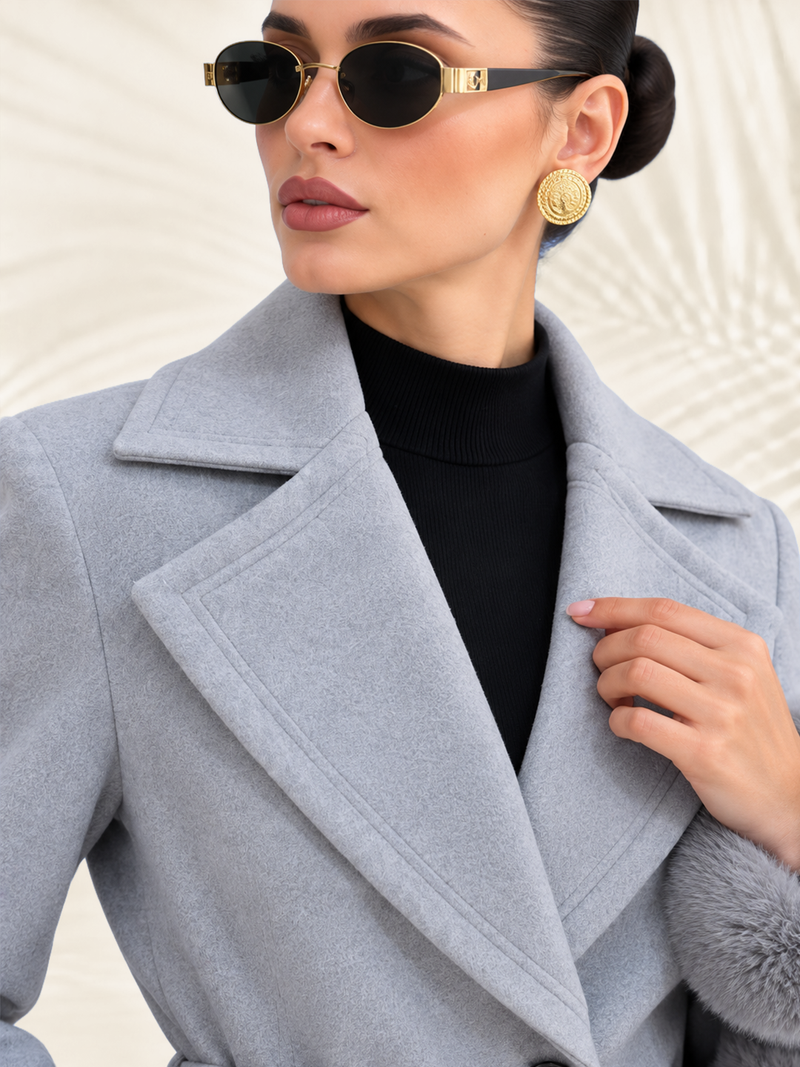 Grey Long Sleeve Fur Trench Coat