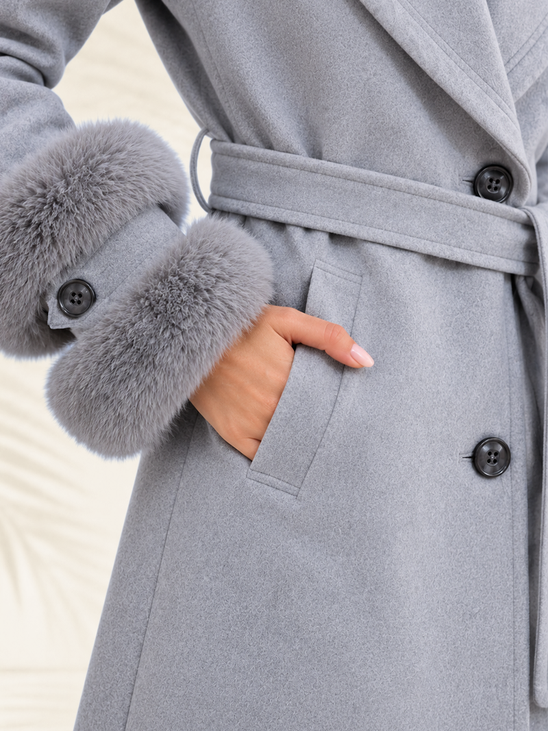 Grey Long Sleeve Fur Trench Coat