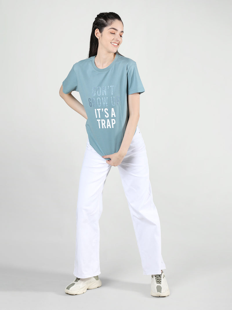 Women Cotton Half Sleeve Loose Fit Printed T-Shirt