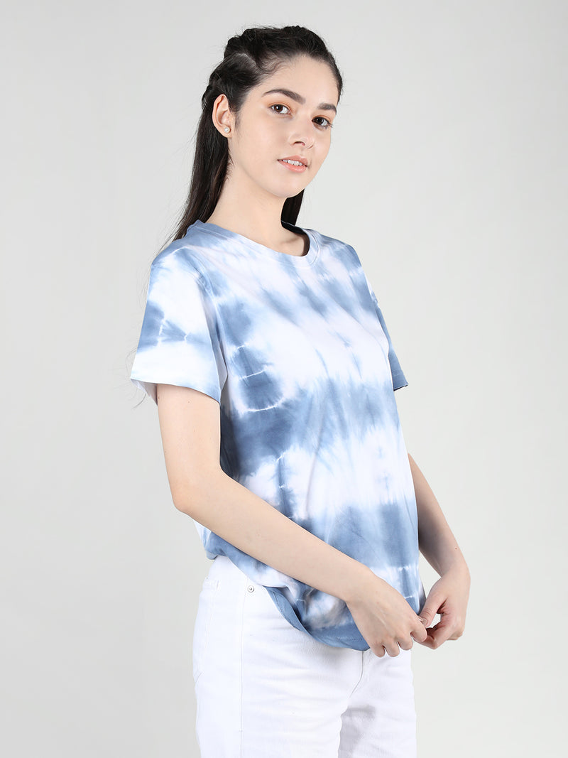 Women Cotton Half Sleeve Loose Fit Tye-Dye T-Shirt