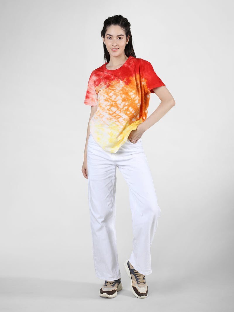 Women Cotton Half Sleeve Loose Fit Tye-Dye T-Shirt