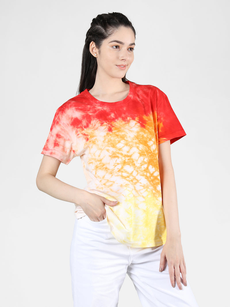 Women Cotton Half Sleeve Loose Fit Tye-Dye T-Shirt