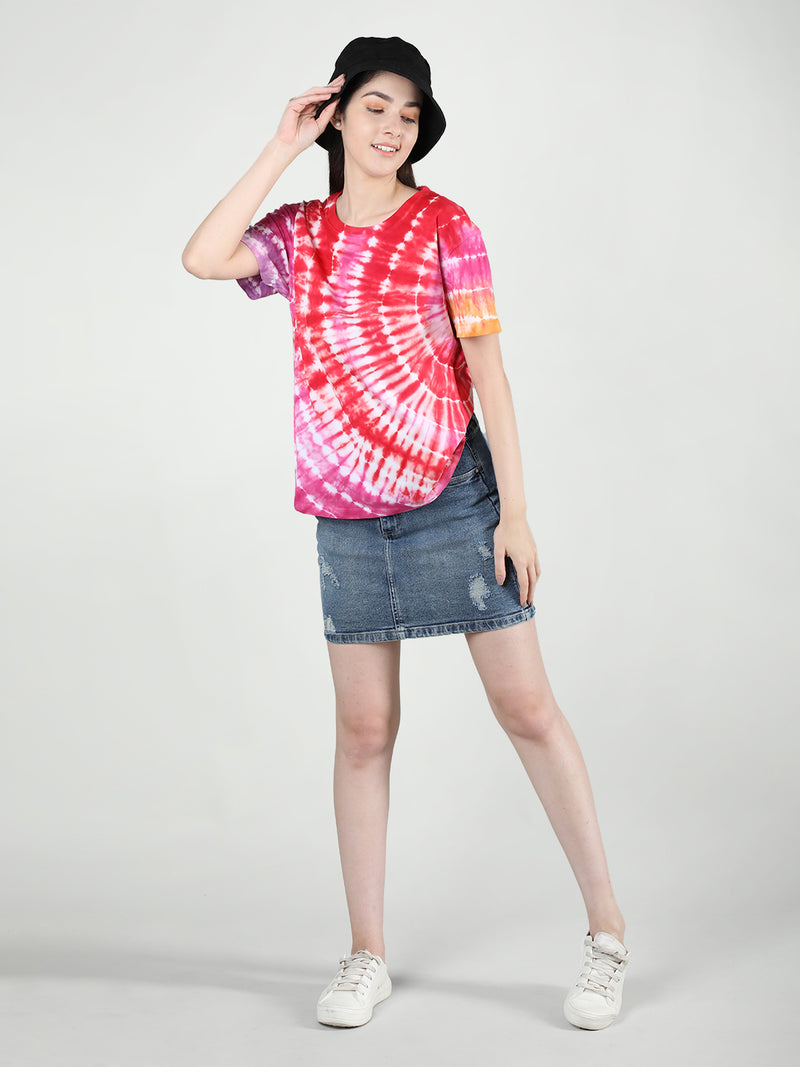 Women Cotton Half Sleeve Loose Fit Tye-Dye T-Shirt