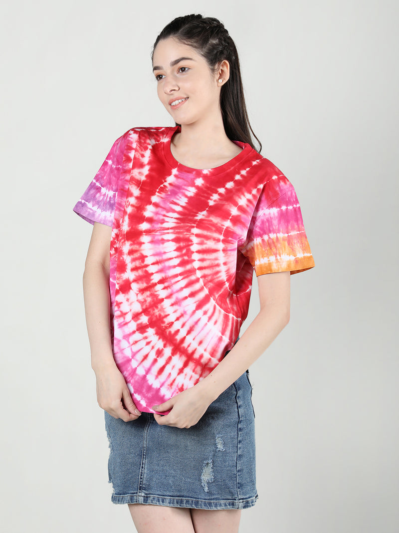 Women Cotton Half Sleeve Loose Fit Tye-Dye T-Shirt