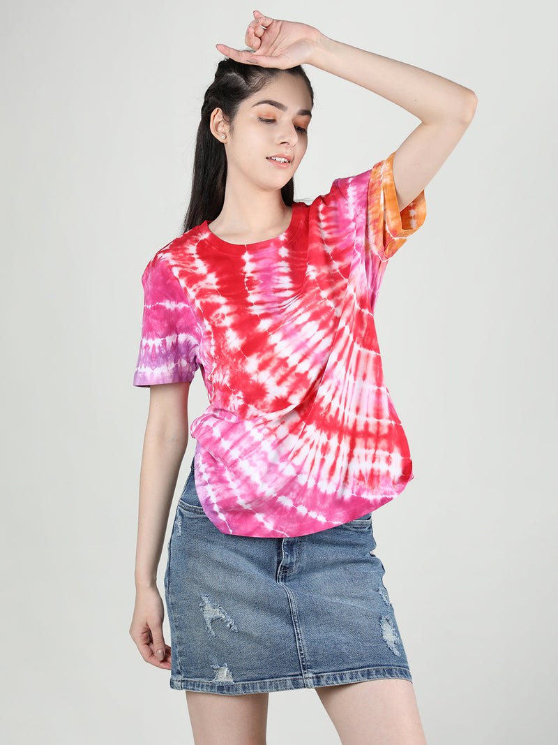 Women Cotton Half Sleeve Loose Fit Tye-Dye T-Shirt