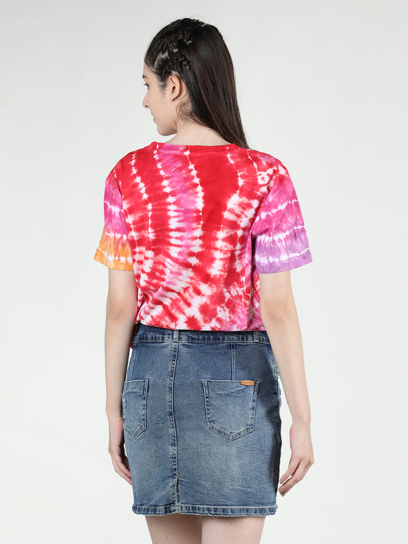 Women Cotton Half Sleeve Loose Fit Tye-Dye T-Shirt
