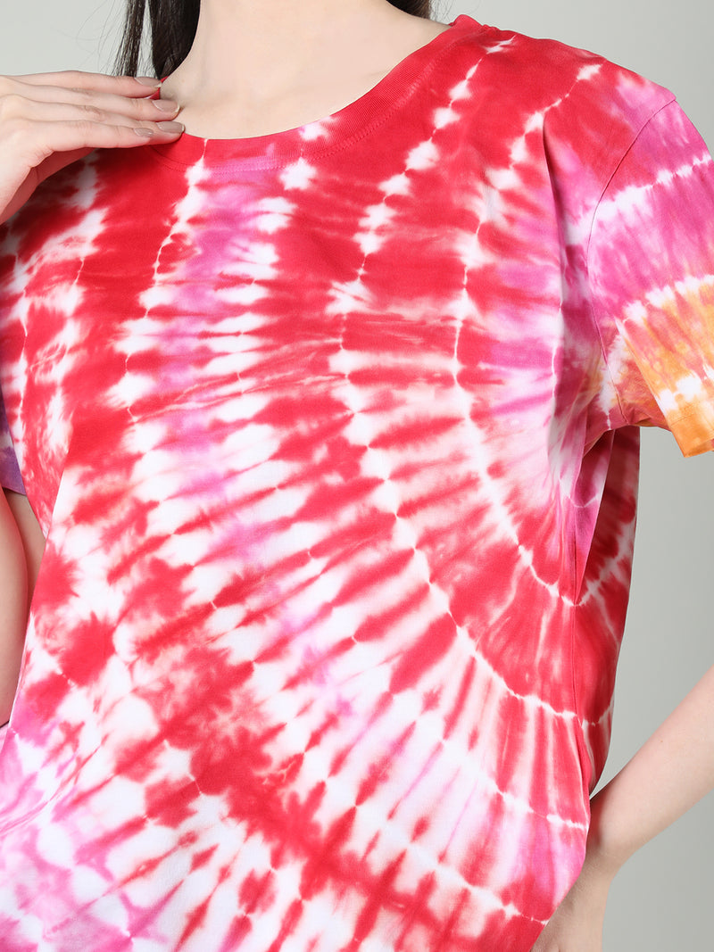Women Cotton Half Sleeve Loose Fit Tye-Dye T-Shirt