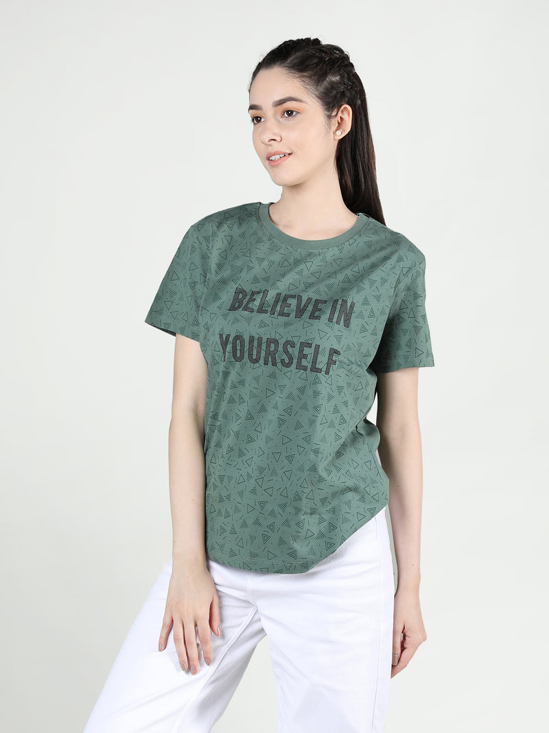 Women Cotton Half Sleeve Loose Fit Printed T-Shirt
