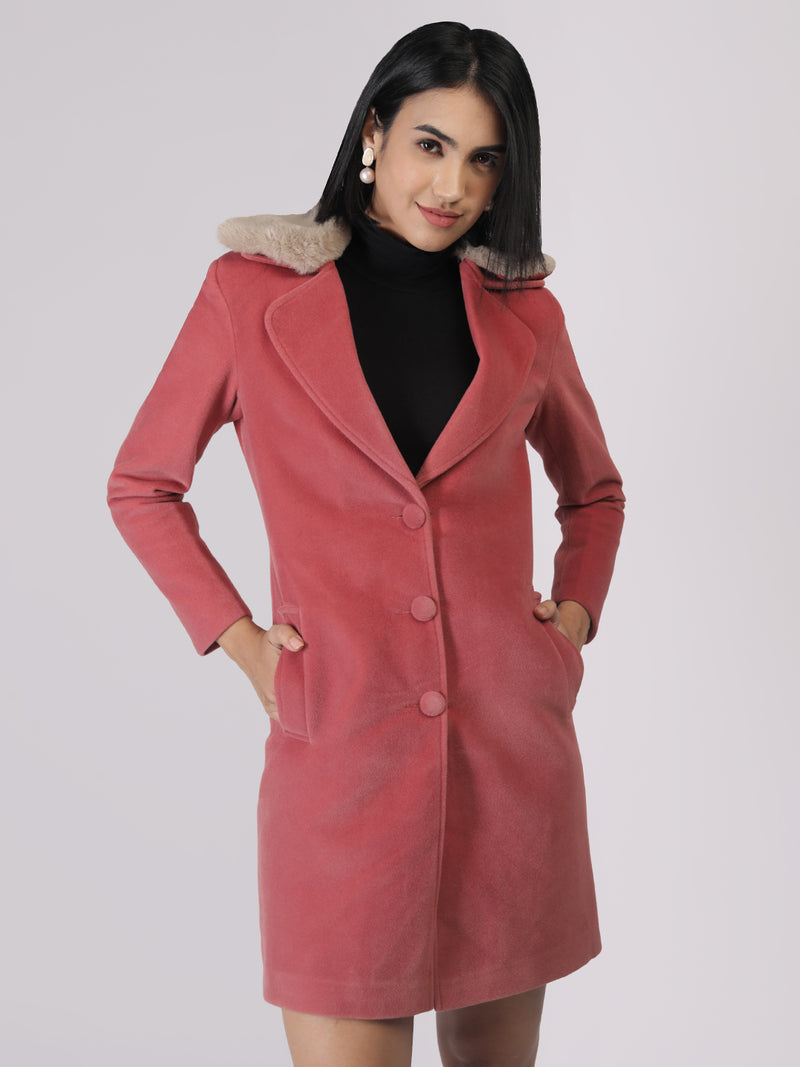 Blush Faux Fur Collar Longline Winter Coat