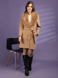 Camel Faux Fur Collar Belted Longline Overcoat