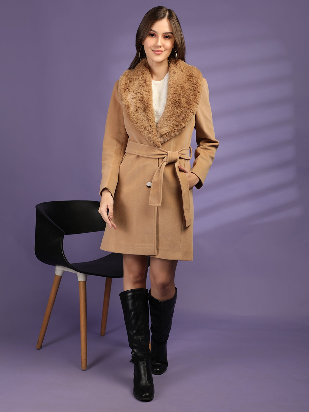 Camel Faux Fur Collar Belted Longline Overcoat