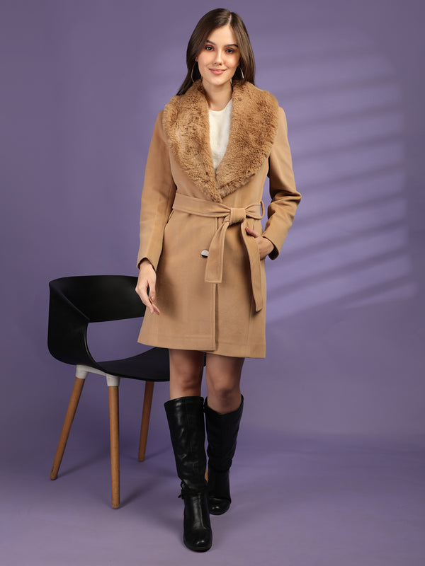 Fur Collar Belted Longline Trench Coat : Camel