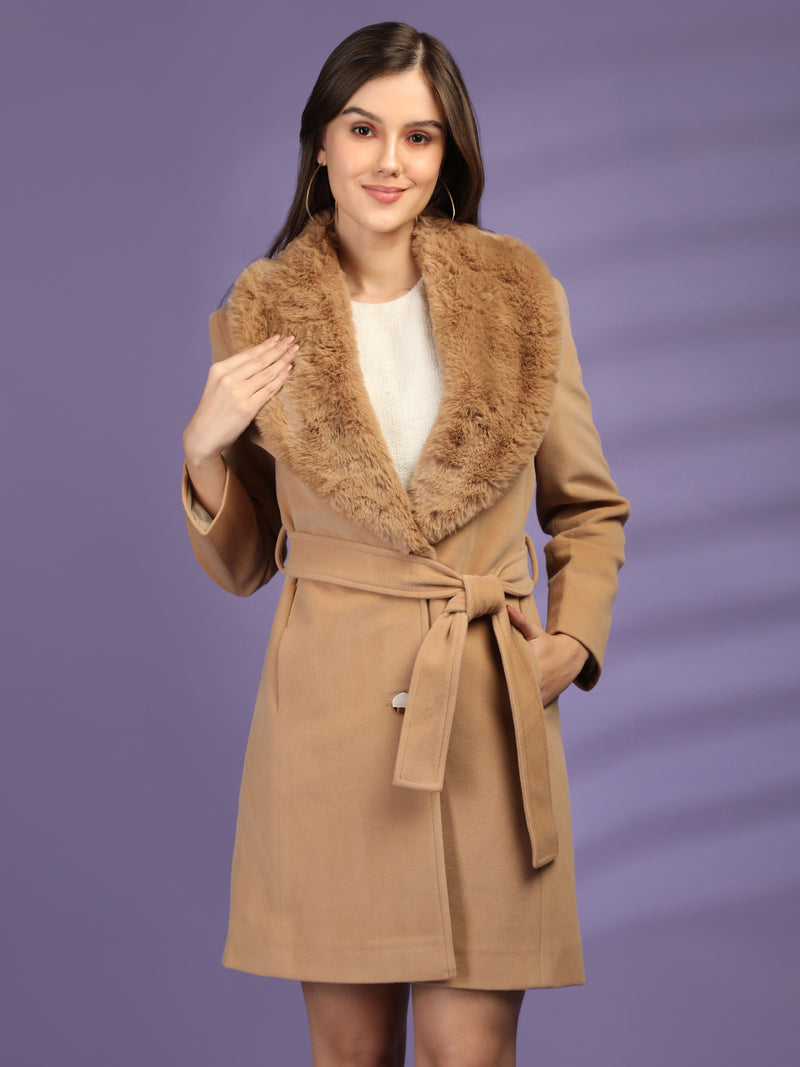 Camel Faux Fur Collar Belted Longline Overcoat