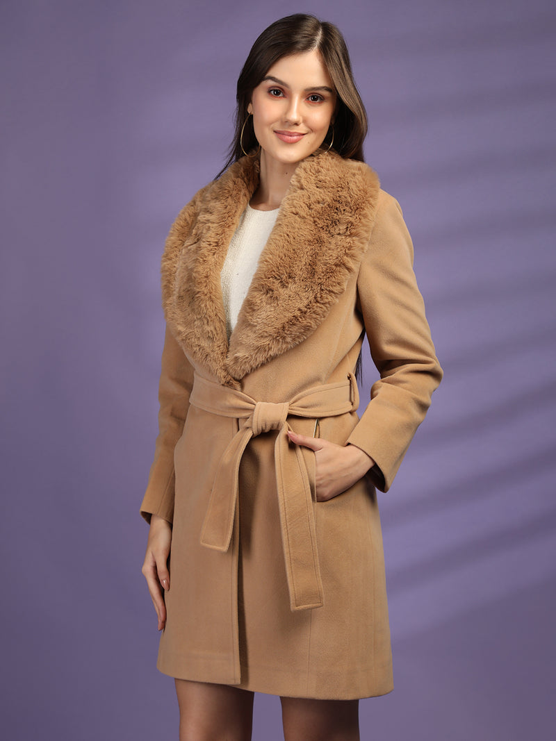 Camel Faux Fur Collar Belted Longline Overcoat