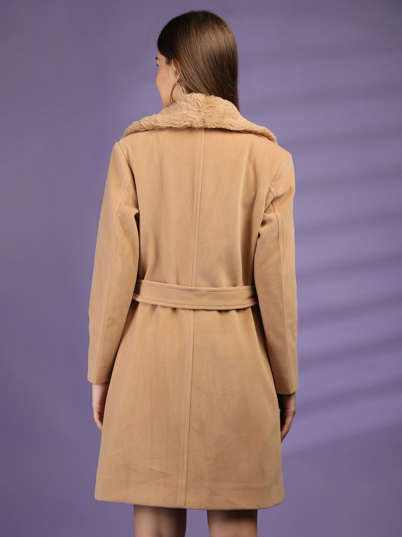 Camel Faux Fur Collar Belted Longline Overcoat