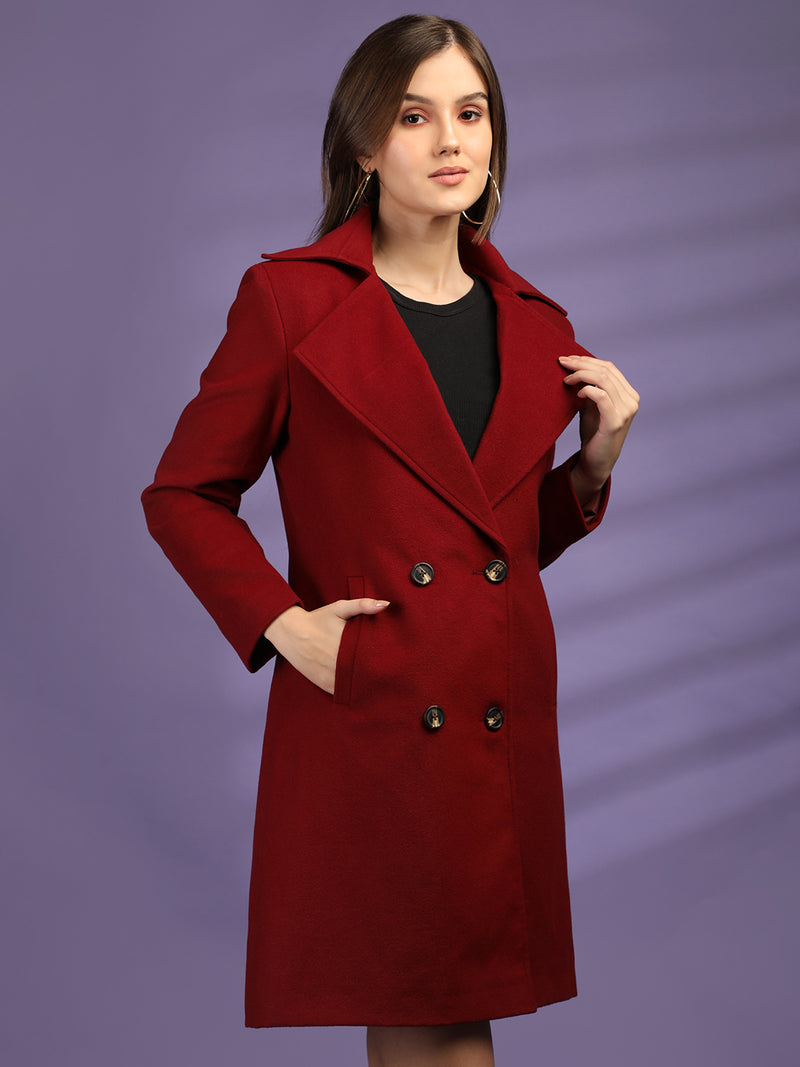 Cherry Red Longline Doublebreasted Winter Trench Coat