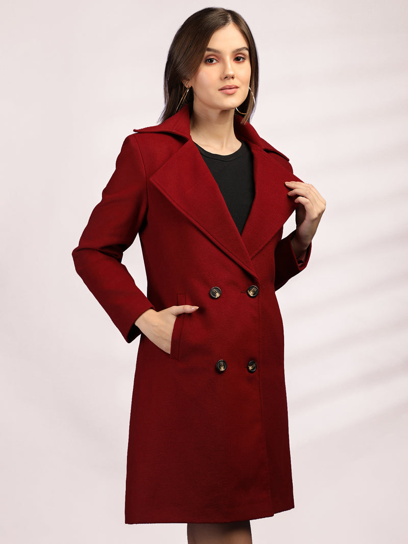 Cherry Red Longline Doublebreasted Winter Trench Coat