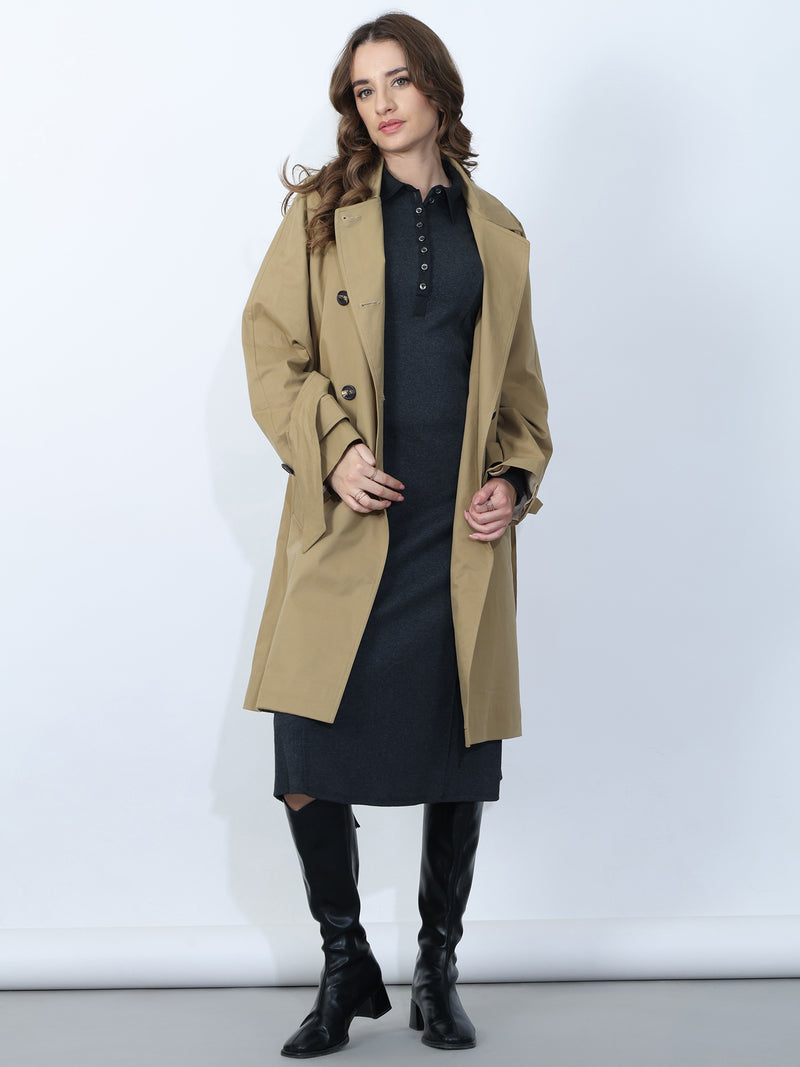 Khaki Double-Breasted Belted Trench Coat